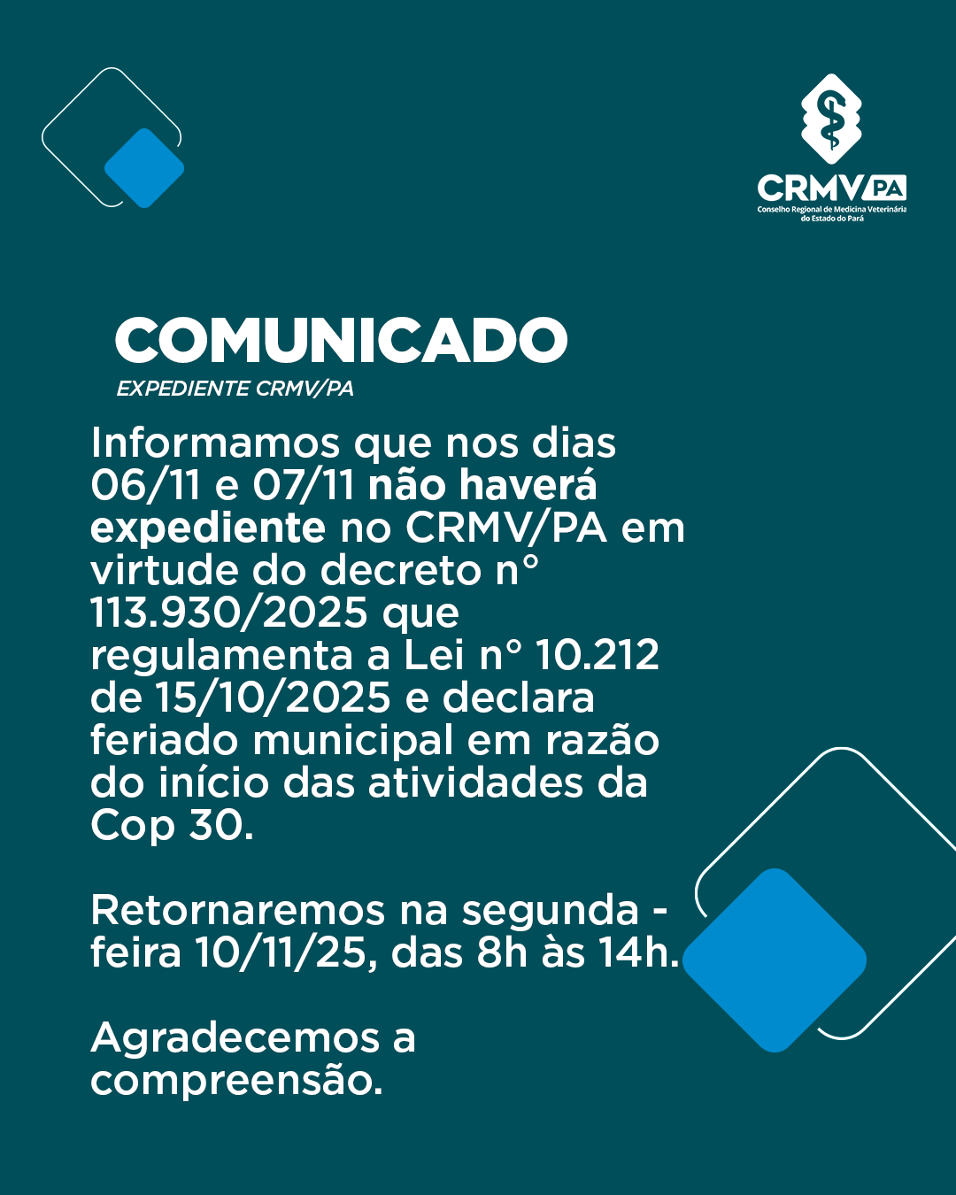 comunicado feriado Cop 30 6 e 7 de novembro