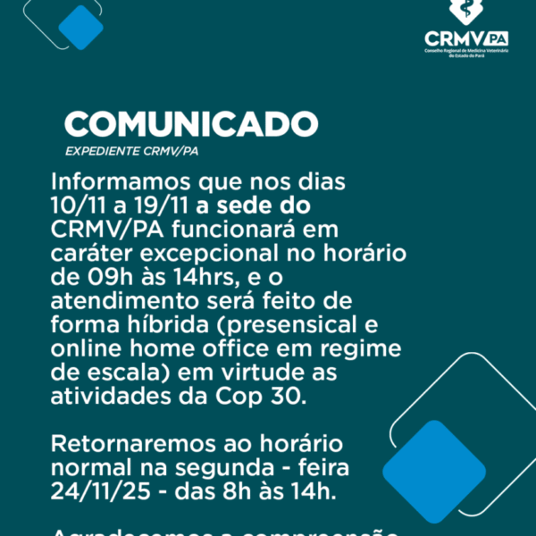 Comunicado funcionamento crmv-pa nos dias 10 a 19.11